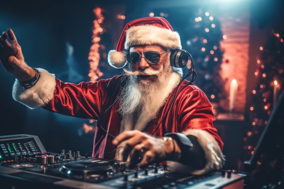 A lively Christmas party featuring Santa Claus as the DJ in a festive outfit, mixing tracks on a DJ mixer. The party is filled with energy and holiday cheer. Generative AI